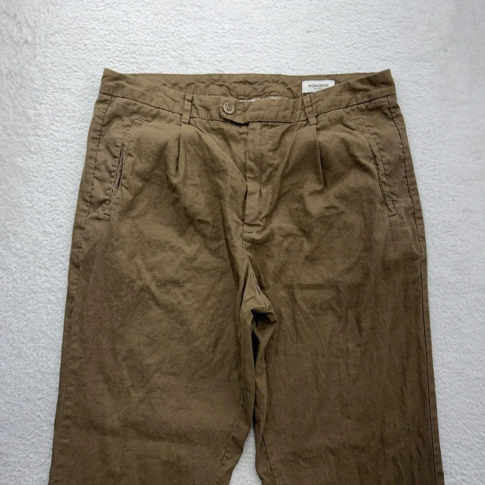 Bonobos Mens Brown Linen Cotton Blend Pleated Straight Leg Chino Pants 34/30